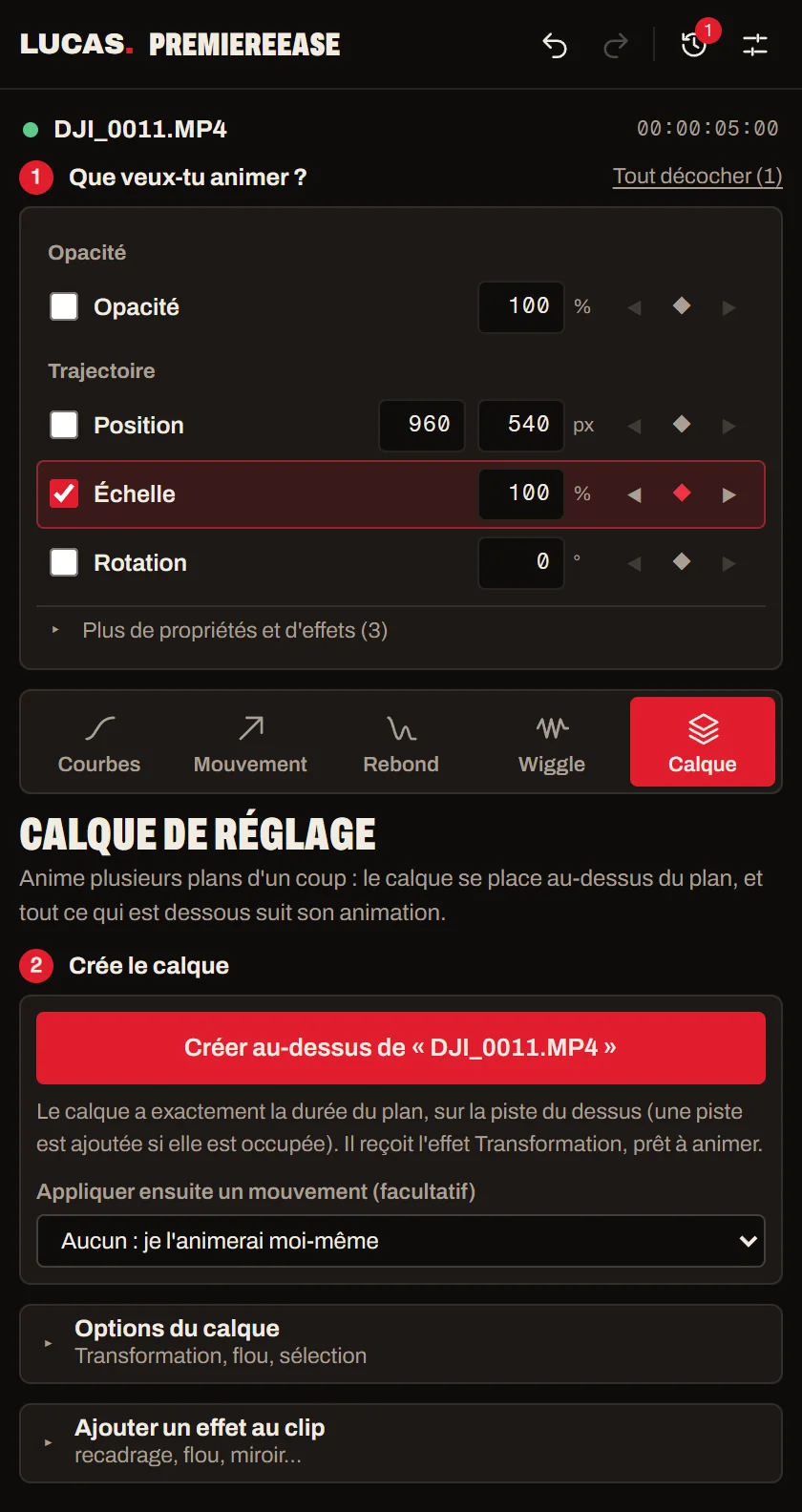 Le panneau, onglet Calque : créer un calque de réglage au-dessus du plan