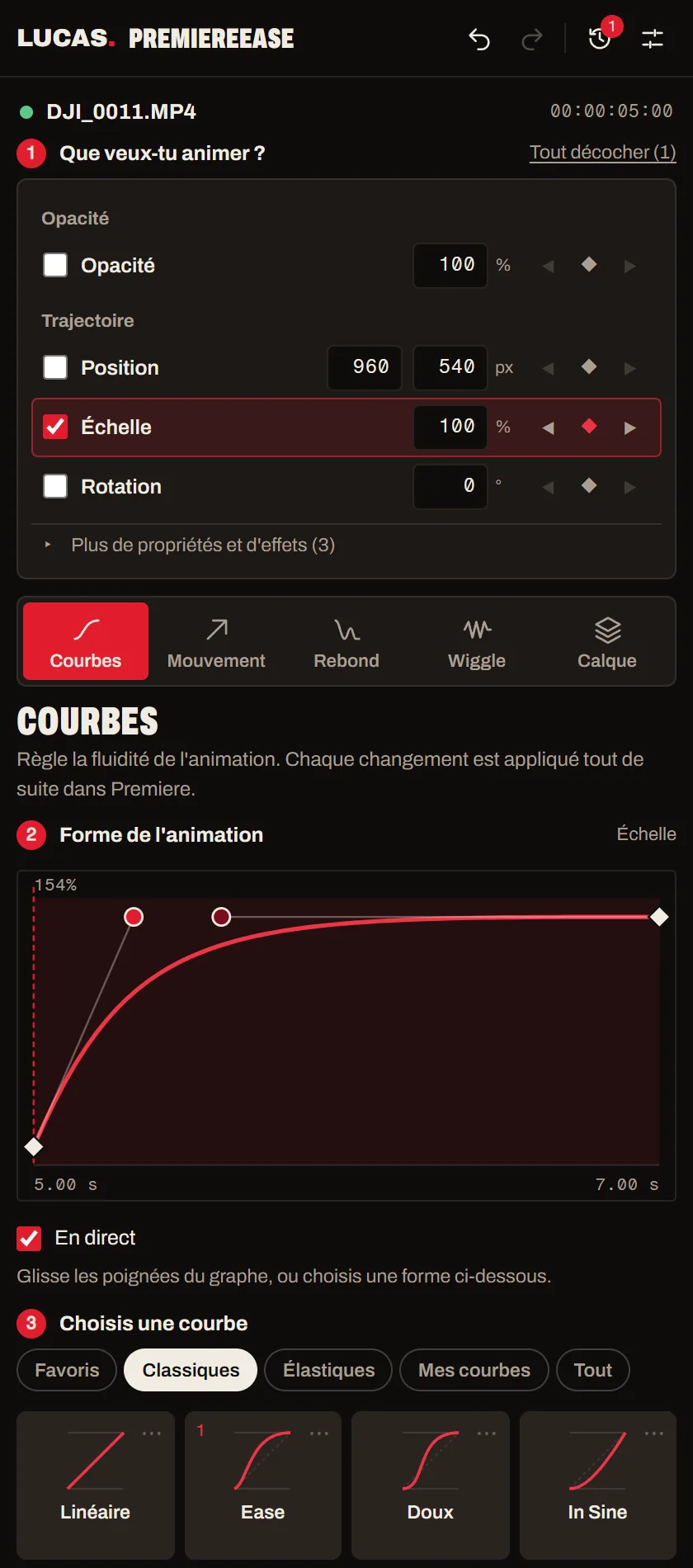 Le panneau, onglet Courbes : le graphe de l'animation et les tuiles de courbes