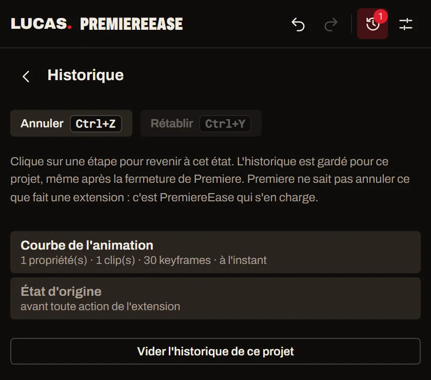Le panneau, l'historique des actions