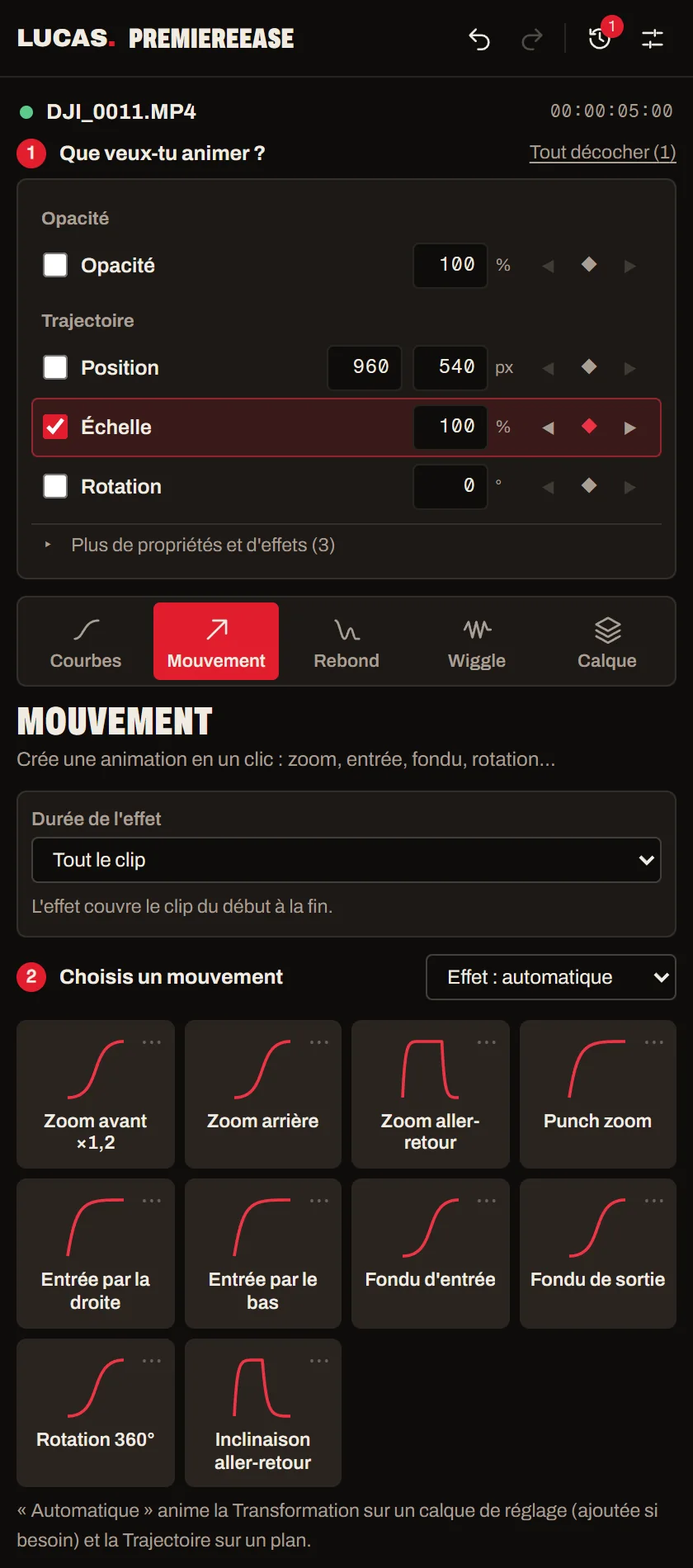 Le panneau, onglet Mouvement : les presets d'animation et le zoom vers un point