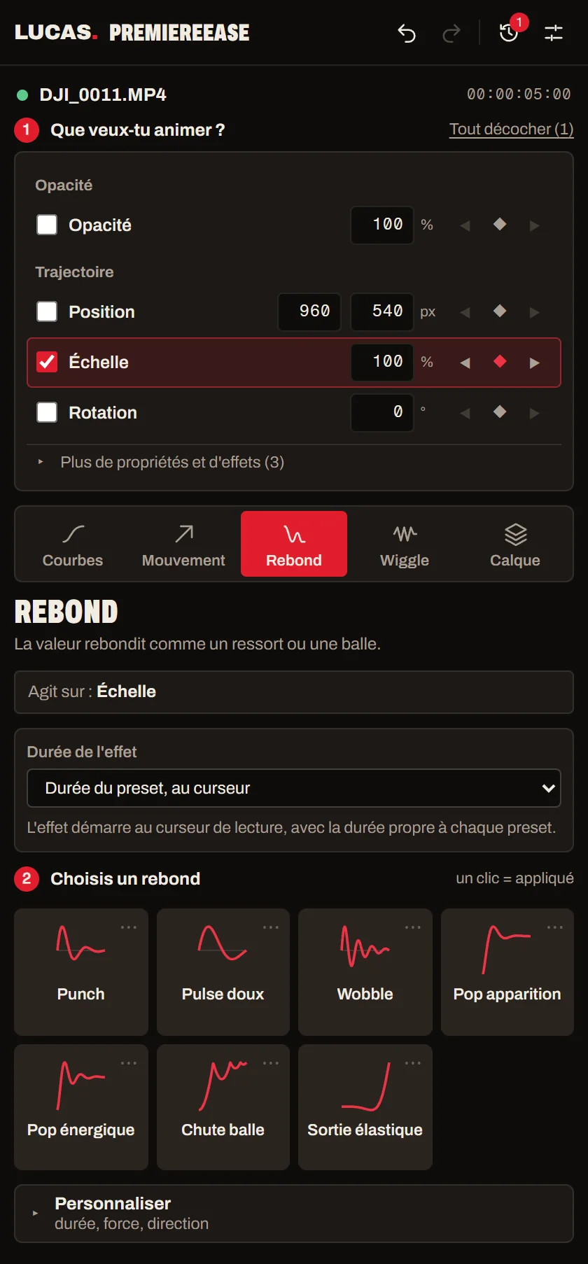 Le panneau, onglet Rebond : les presets de rebond
