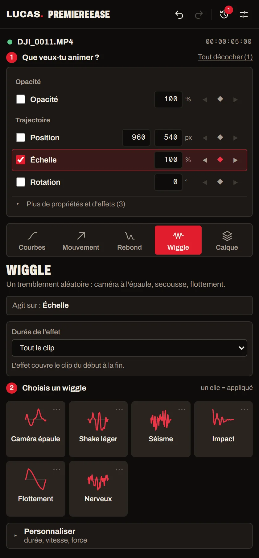 Le panneau, onglet Wiggle : les presets de tremblement